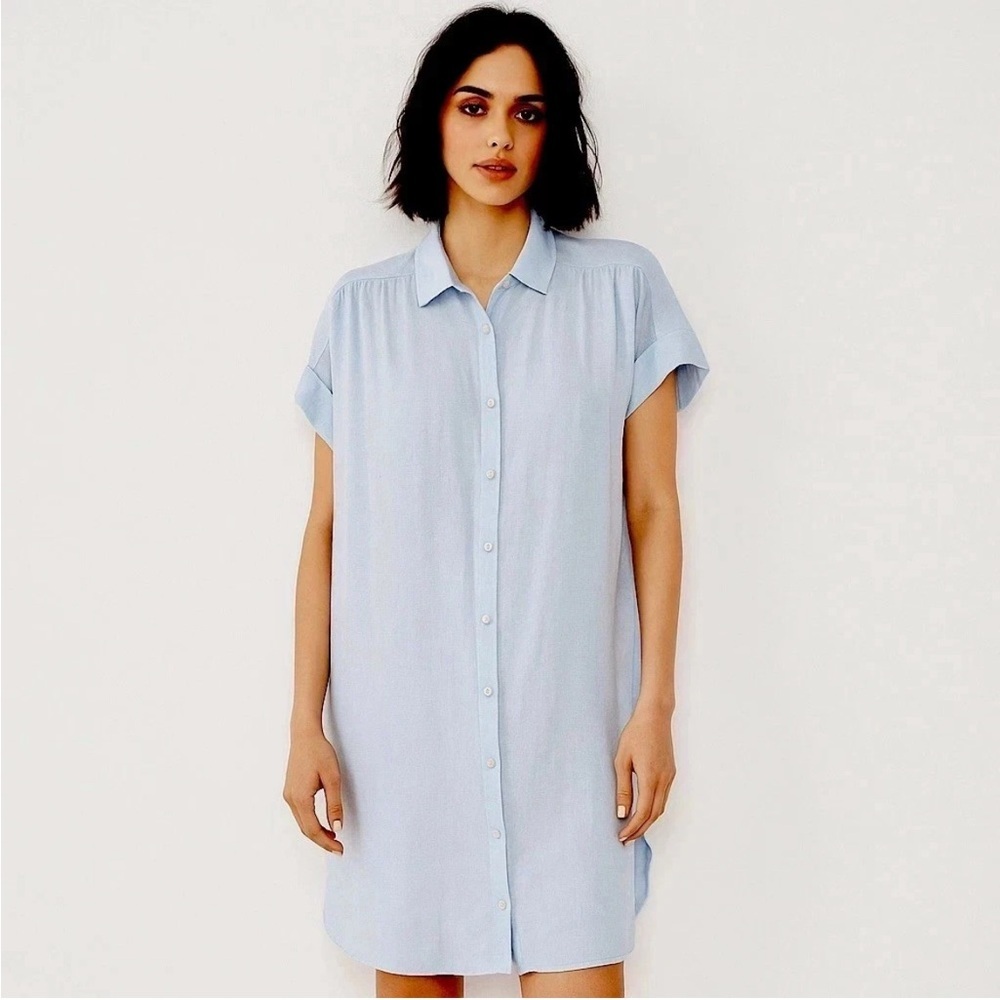 NWT well worn‎ Linen button down shirt dress with pockets blue L